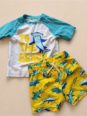 Old Navy Boys 2T Shark Rash Guard Swim Trunks Set